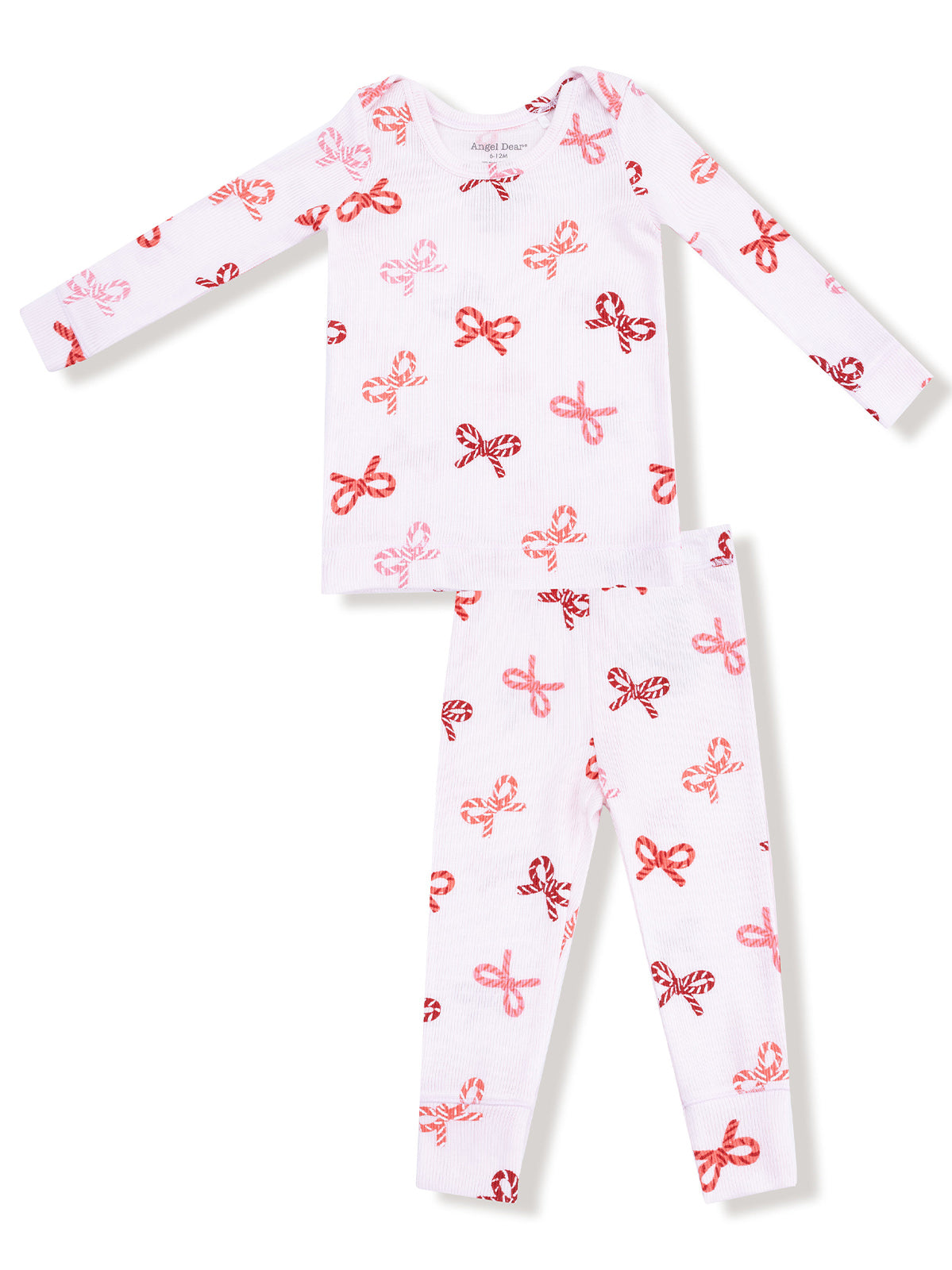 White pajama set featuring red and pink bow patterns, including a long-sleeve top and matching pants.