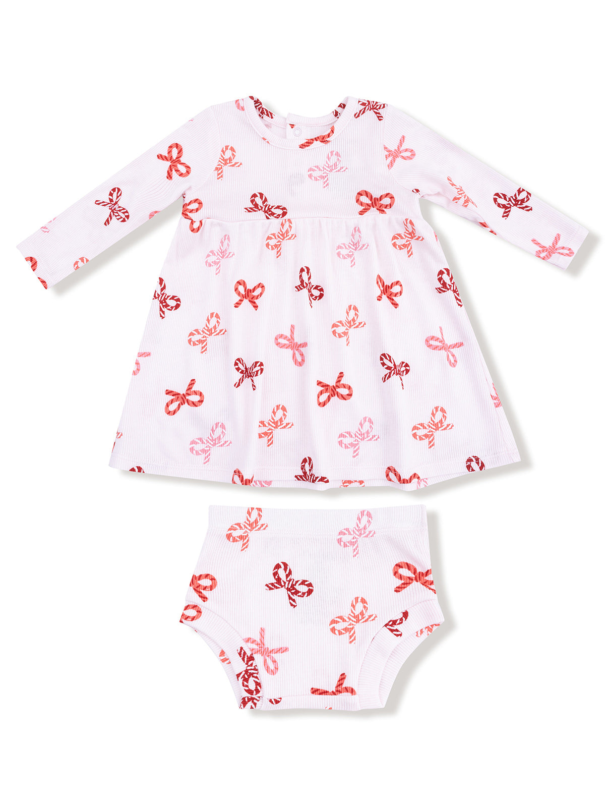 Girl's dress and bloomers set with a pink and red bow print on a white background. Long sleeves and comfortable fit.