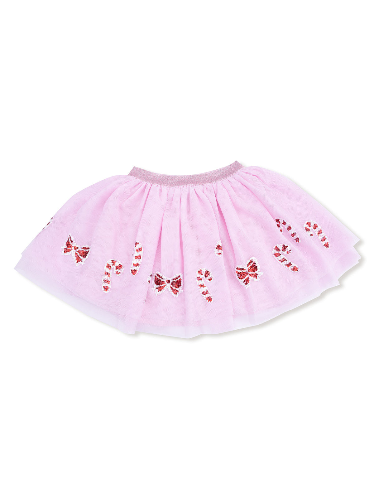 Pink tulle skirt adorned with red and white candy cane and bow motifs, suitable for festive occasions.