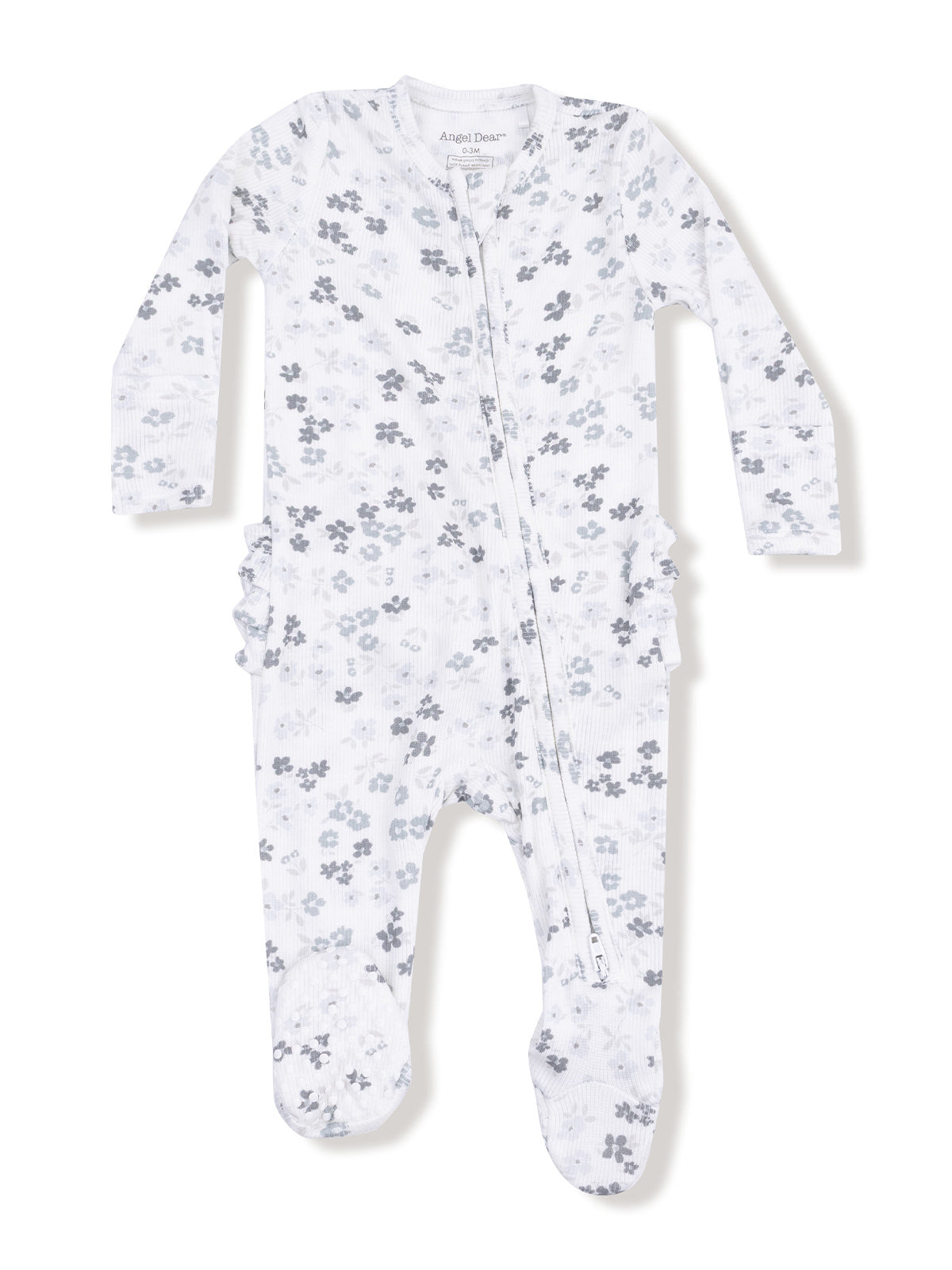 White baby onesie with gray floral design, zip closure, and footies. Ideal for comfort and style.