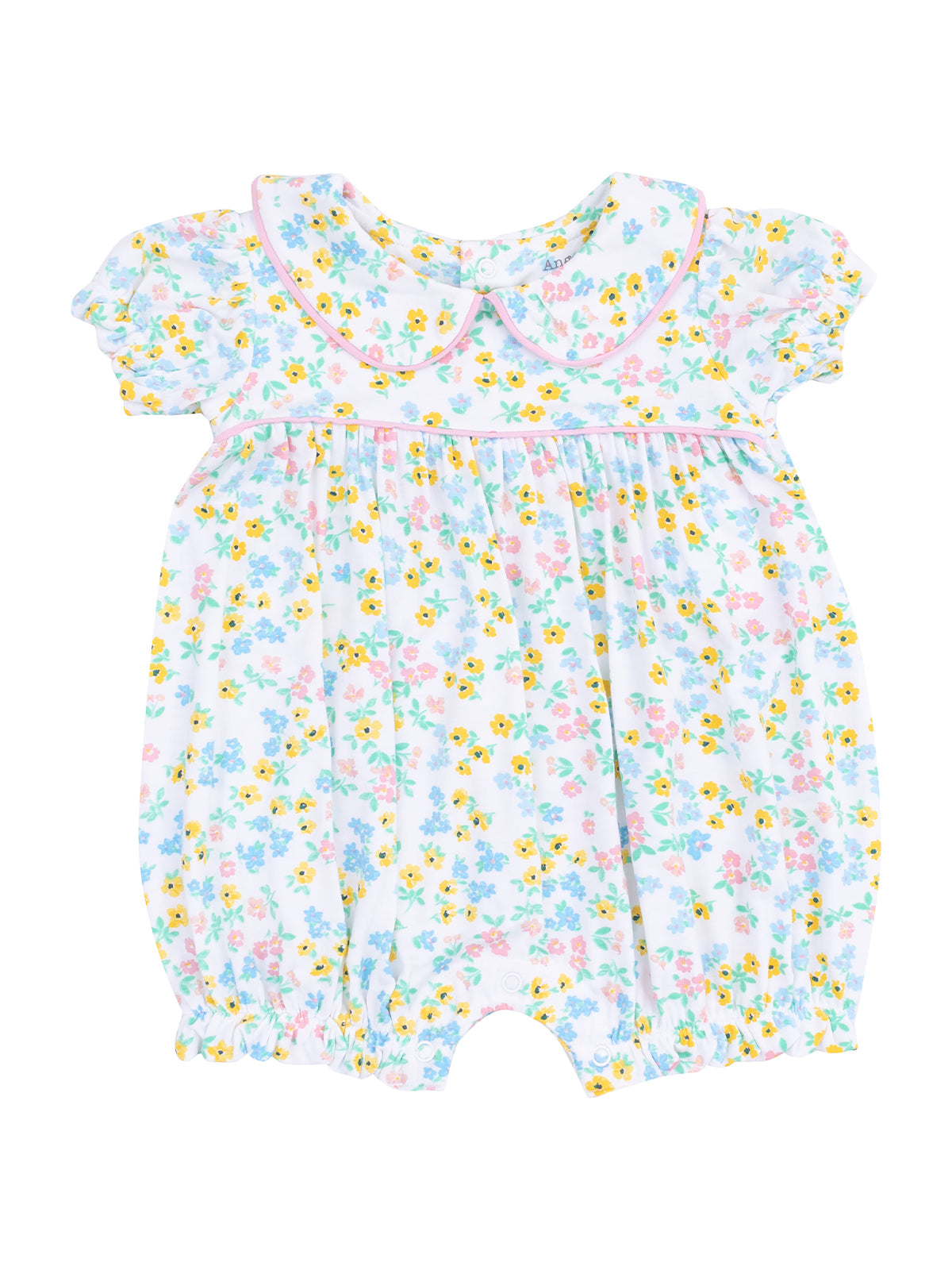 Light blue baby romper with floral print and a Peter Pan collar, designed for comfort and style.