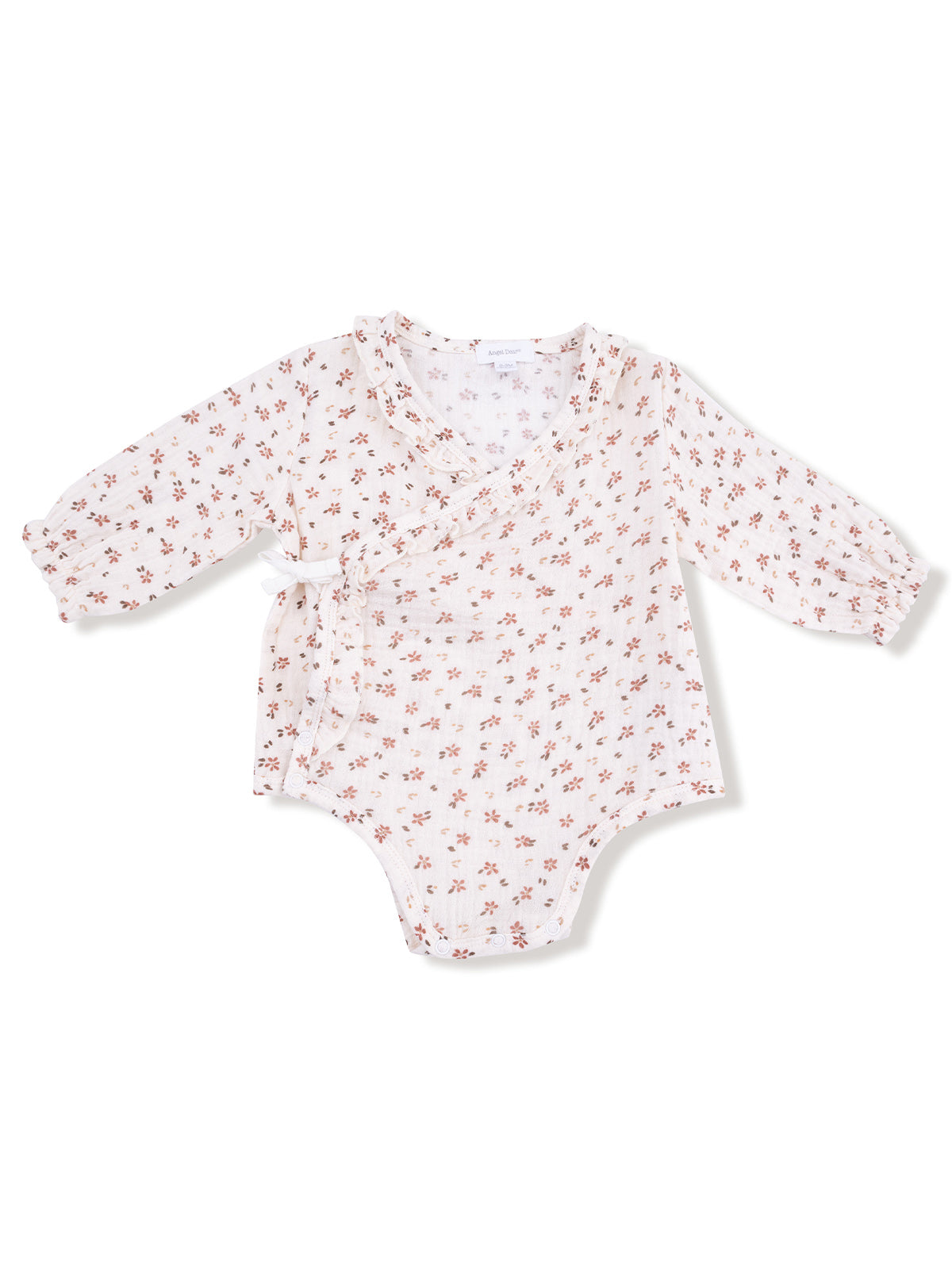 Floral-patterned baby onesie with long sleeves and wrap design in soft colors on a white background.
