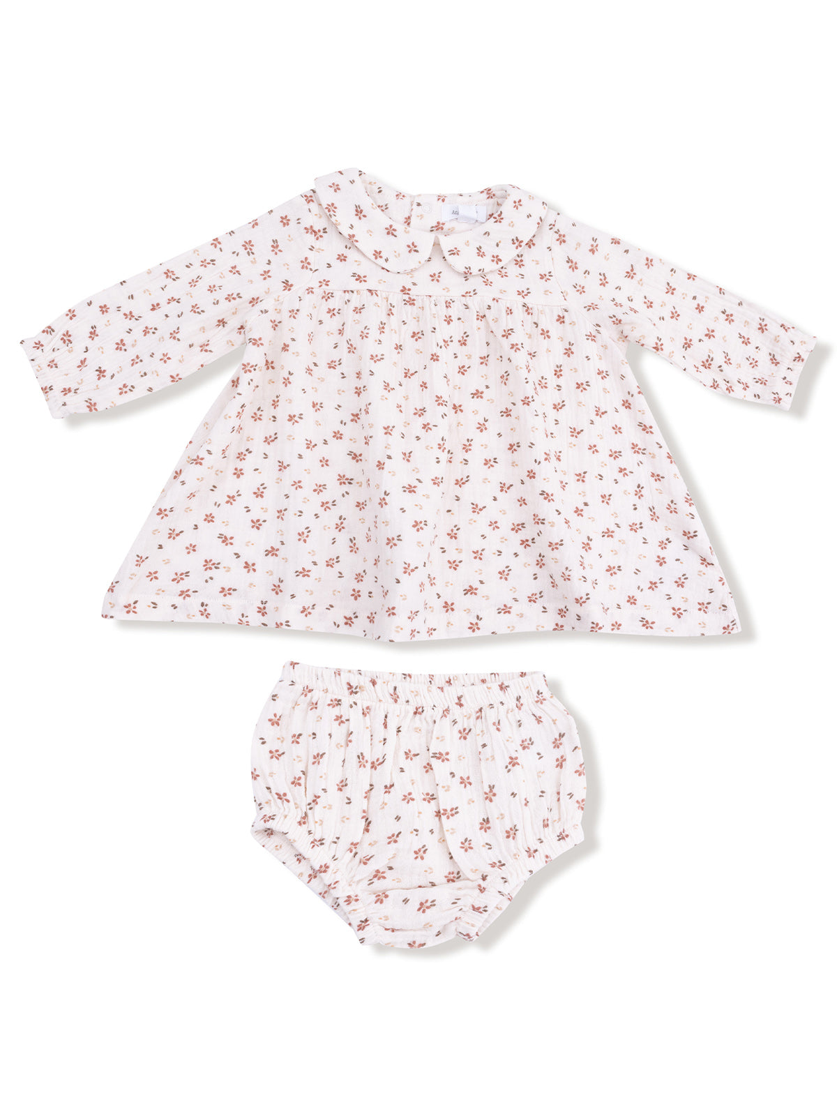 Floral-patterned baby dress with matching bloomers in soft fabric. Perfect for toddlers.