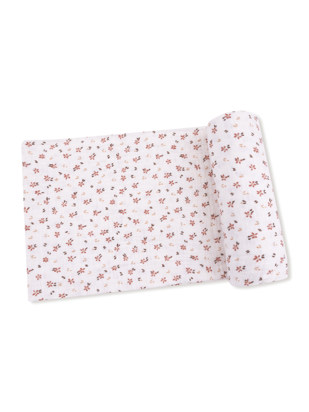 Floral patterned fabric roll with small flowers on a light background. Ideal for sewing and craft projects.