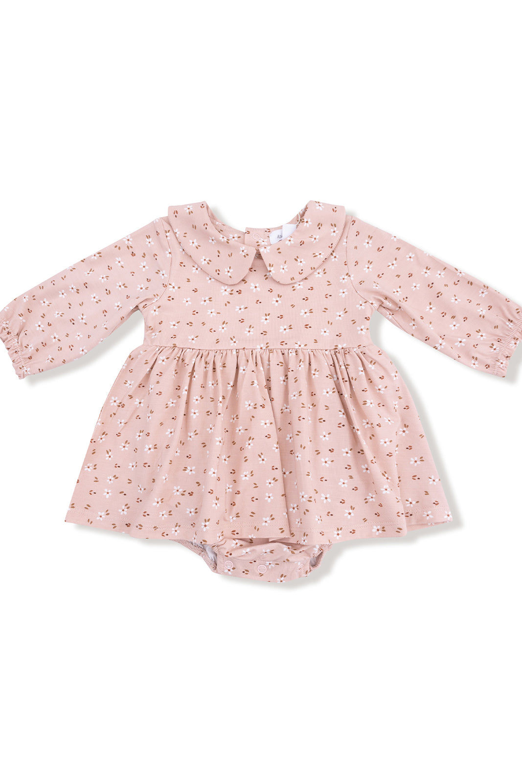 Light pink baby dress with floral print, long sleeves, and a Peter Pan collar. Ideal for infants.