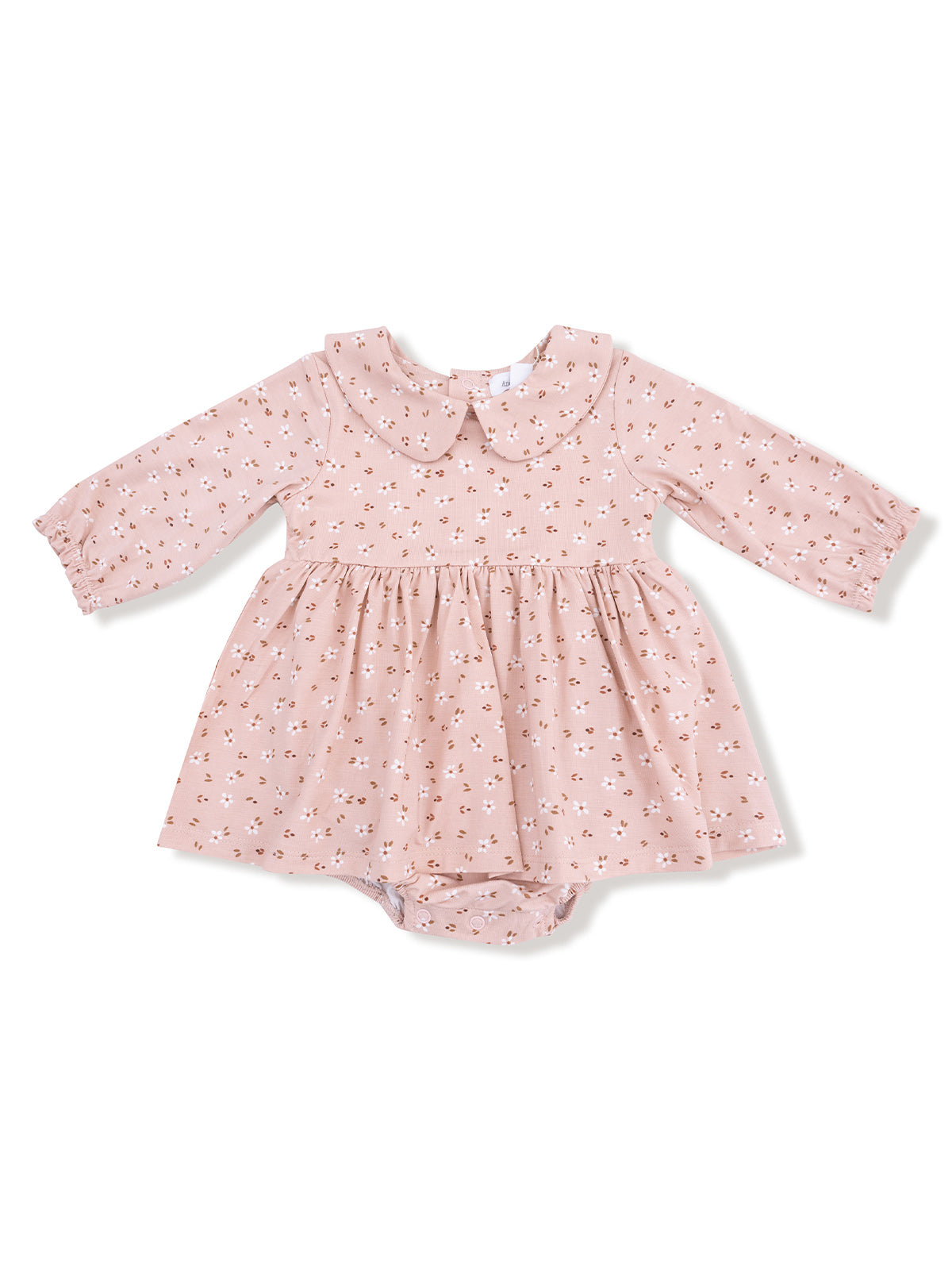 Light pink baby dress with floral print, long sleeves, and a Peter Pan collar. Ideal for infants.