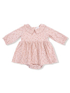 Light pink baby dress with floral print, long sleeves, and a Peter Pan collar. Ideal for infants.