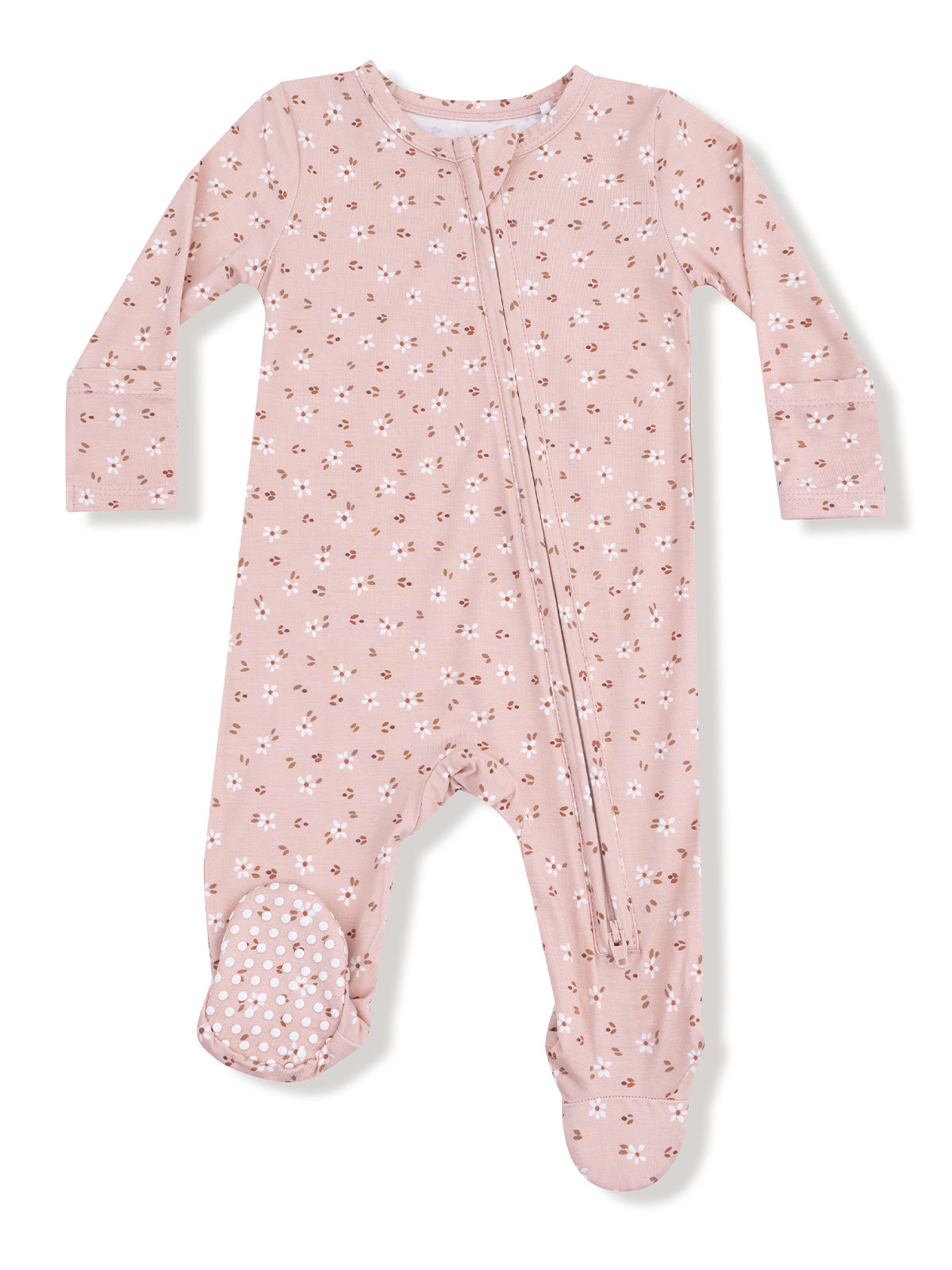 Light pink baby onesie with floral print, long sleeves, and polka dot footed design. Ideal for comfort and style.