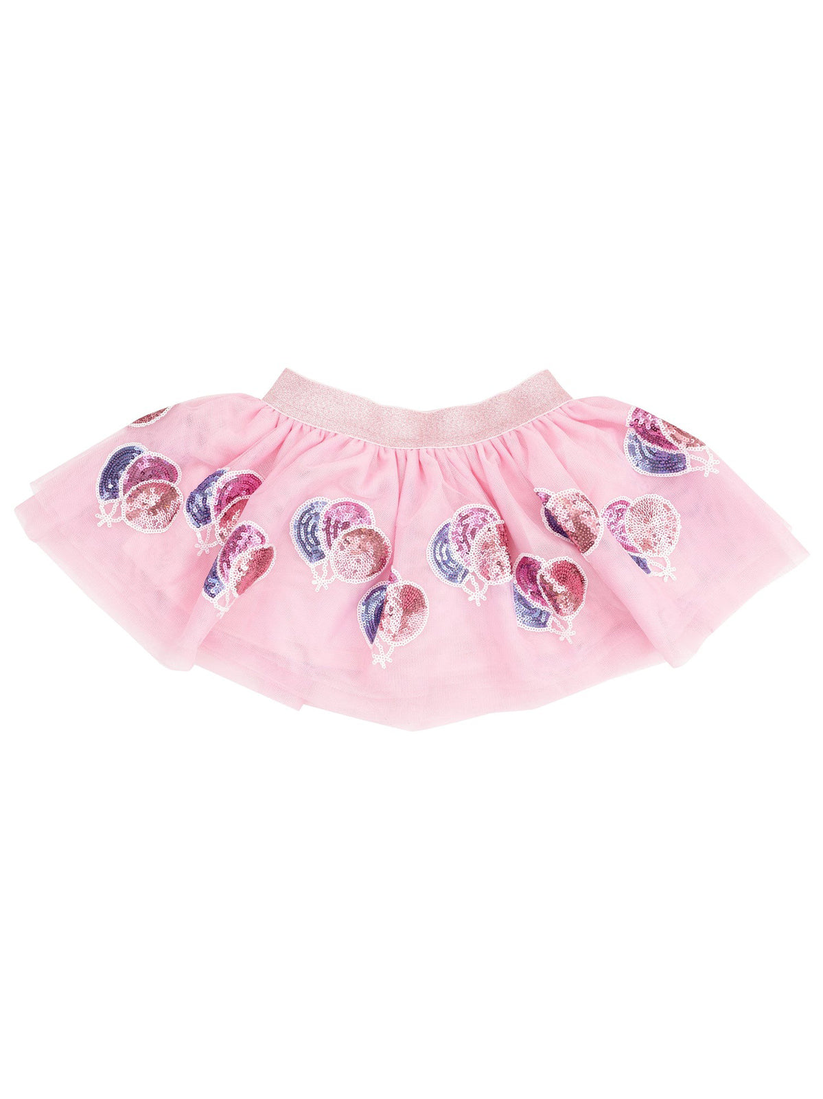 Pink tulle skirt decorated with shiny balloon prints, featuring a sparkly waistband.