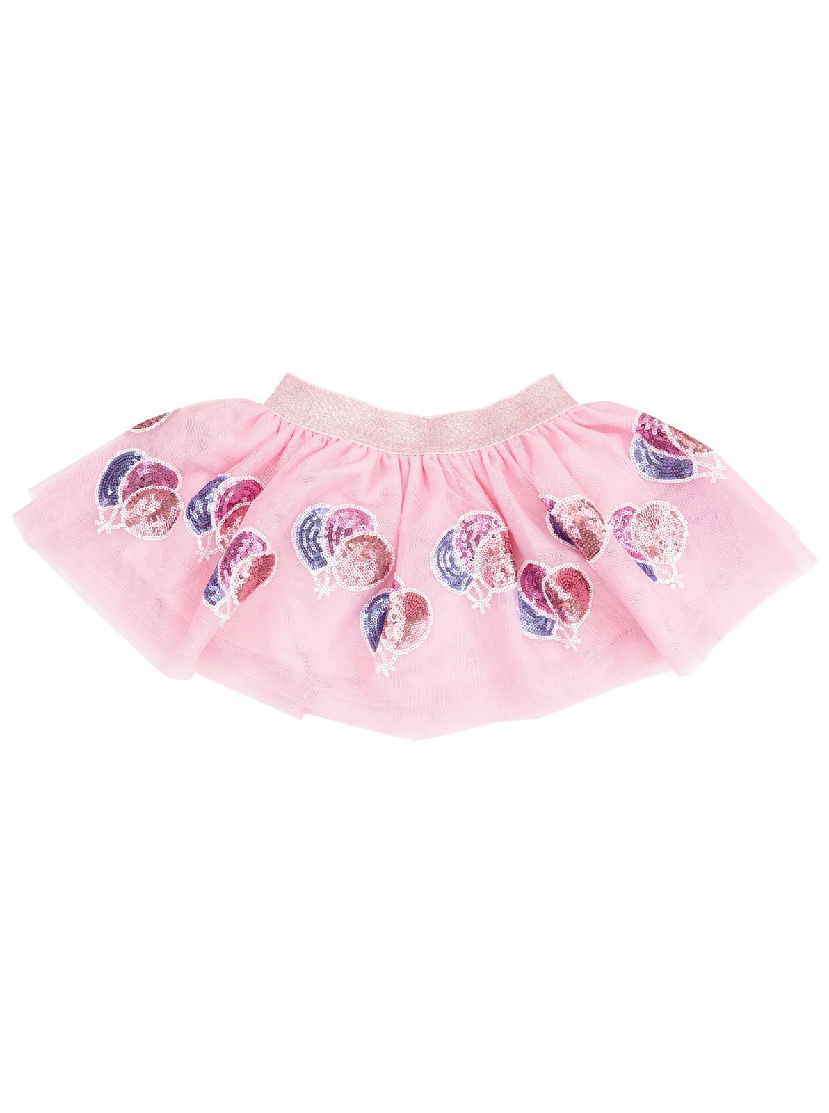 Pink tulle skirt decorated with shiny balloon prints, featuring a sparkly waistband.