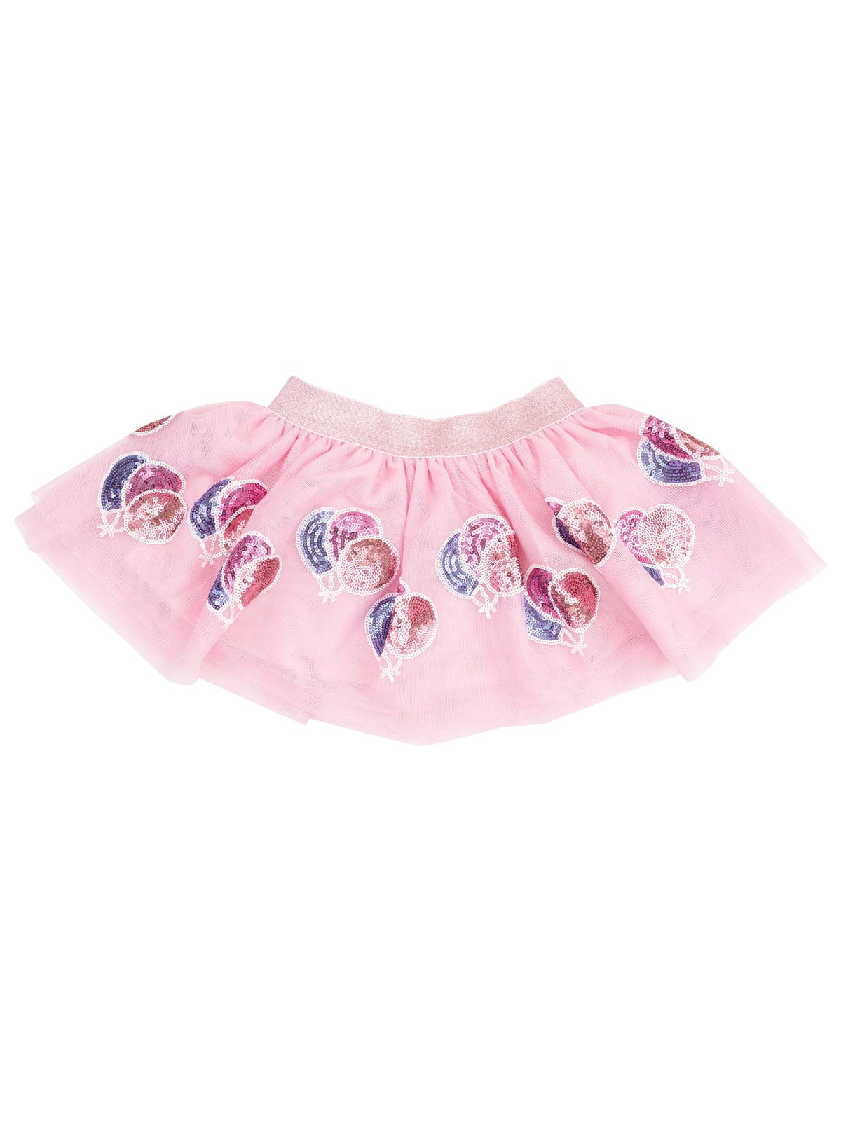 Pink tulle skirt decorated with shiny balloon prints, featuring a sparkly waistband.