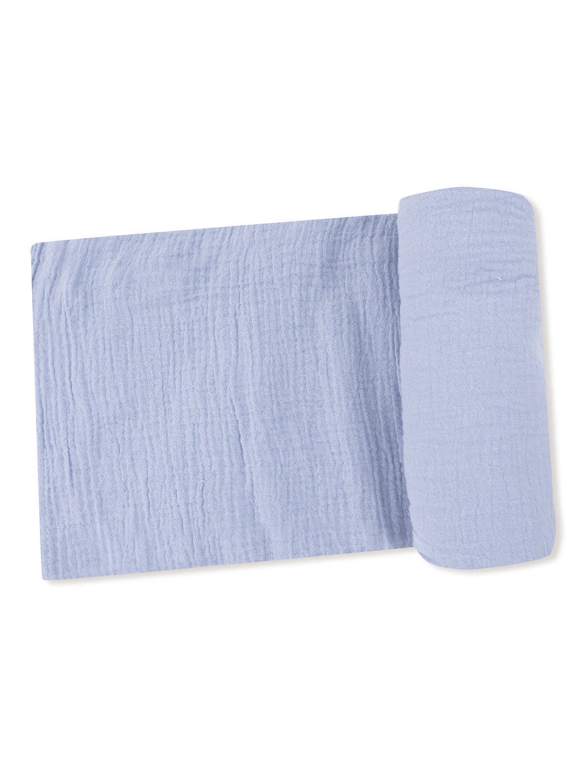 Light blue textured blanket rolled up and displayed flat on a white background.