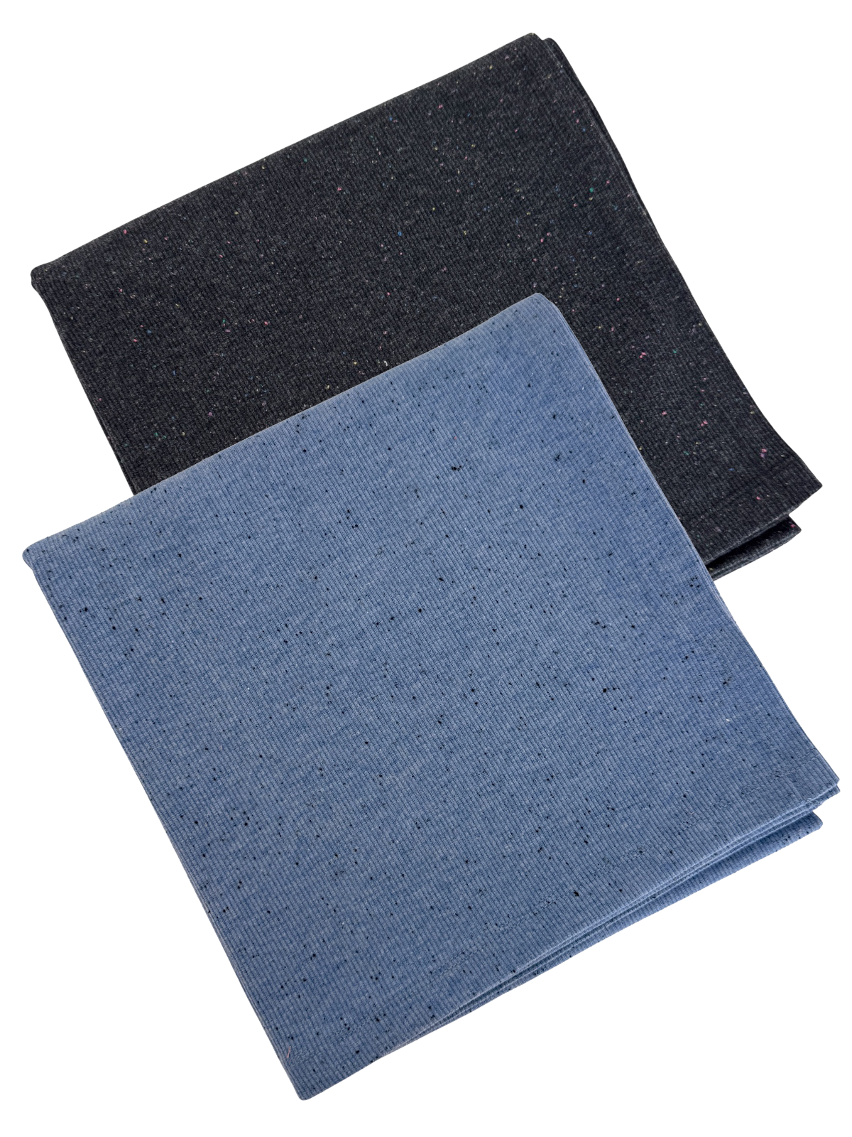 Two folded fabrics in dark gray and light blue with a textured surface and speckled pattern.