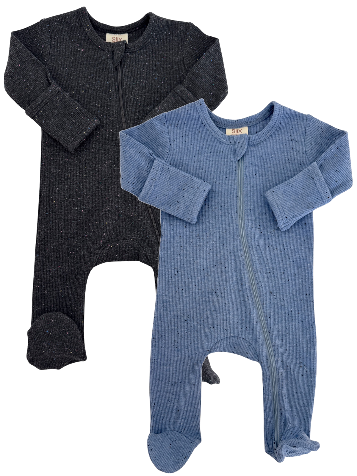 Two infant sleepers in dark gray and light blue, featuring a zip closure and soft, textured fabric.
