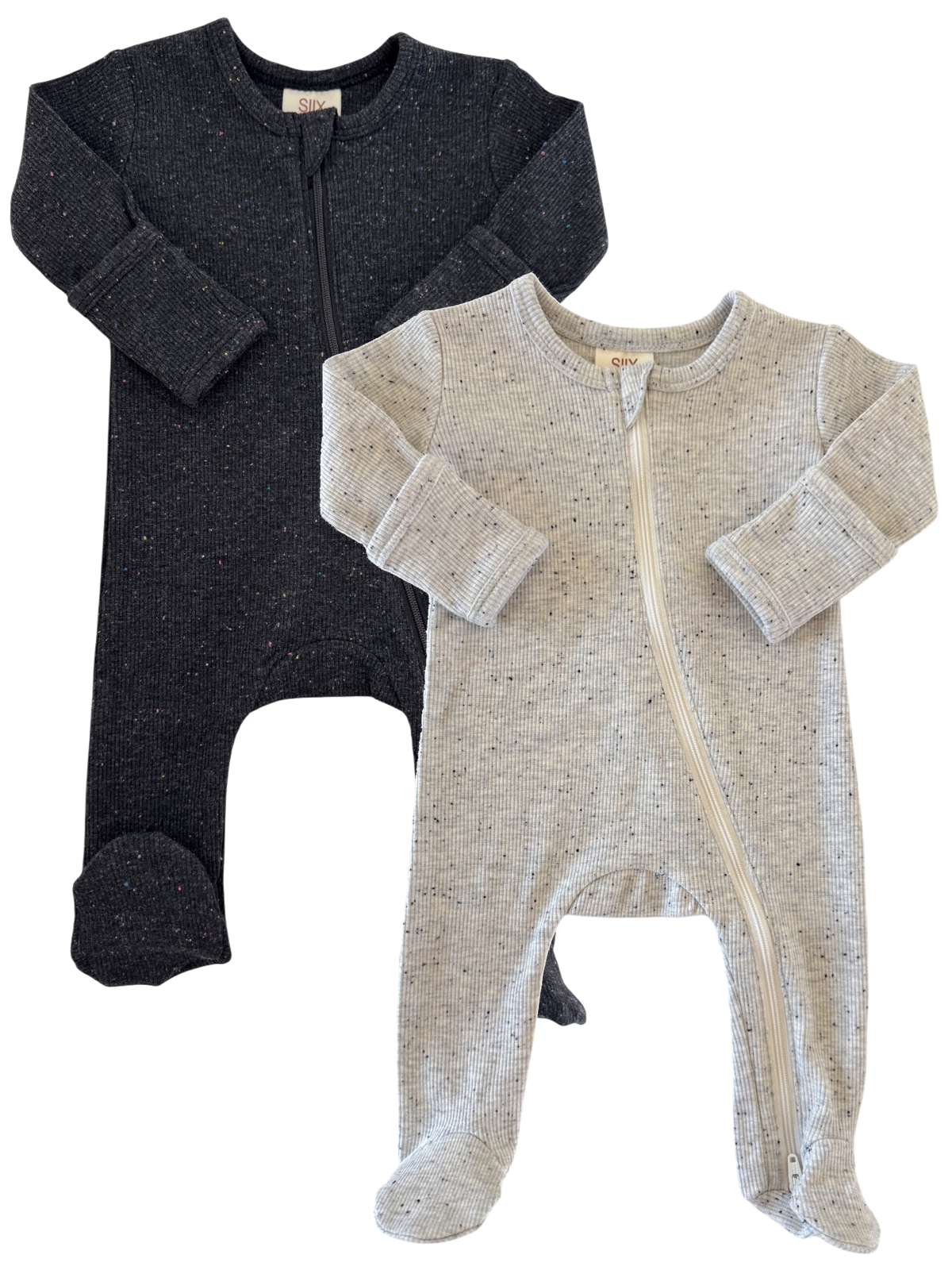 Two baby onesies: one in gray with zipper, one in black, both with ribbed texture and footed legs.
