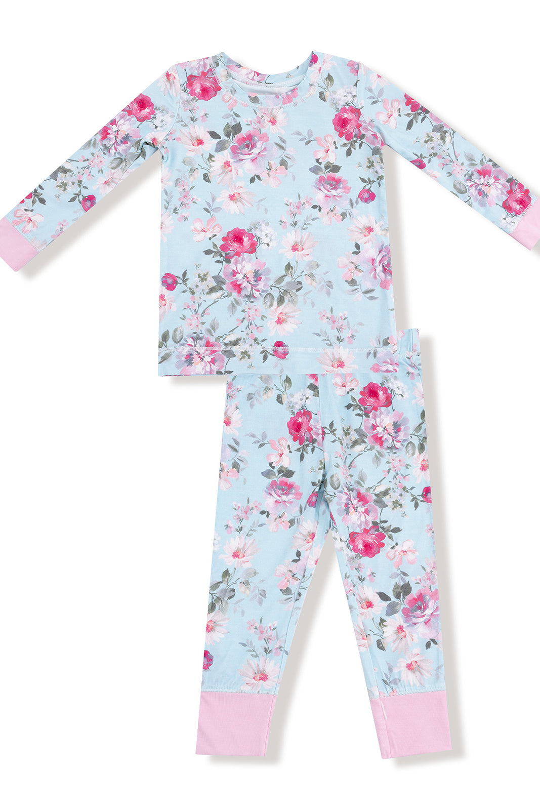 Floral pajama set featuring a long-sleeve top and matching pants in pastel blue and pink accents.