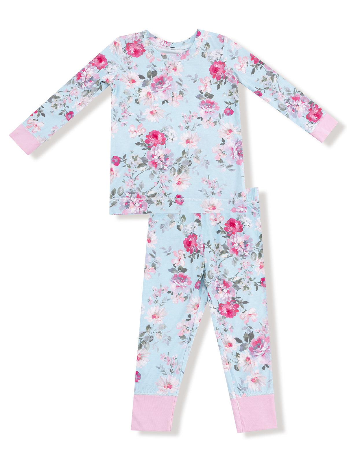 Floral pajama set featuring a long-sleeve top and matching pants in pastel blue and pink accents.
