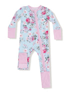 Floral-patterned children's onesie in blue and pink with a front zipper and long sleeves.
