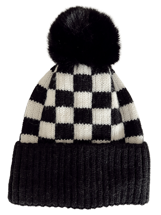 Checkerboard Fur Pom Hat, Black
