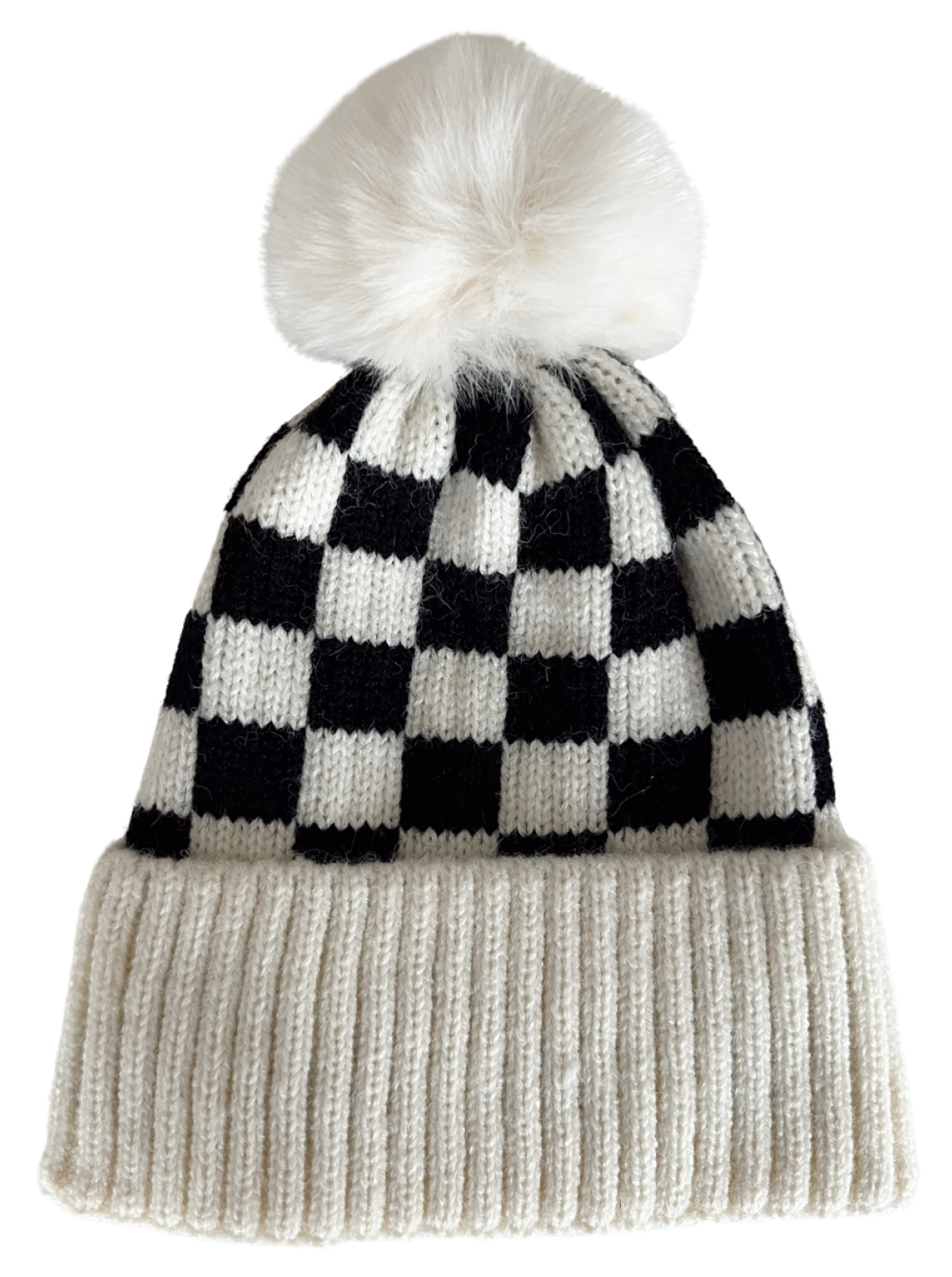 Black and white checkered beanie with a fluffy top pom-pom, featuring a ribbed cream cuff.