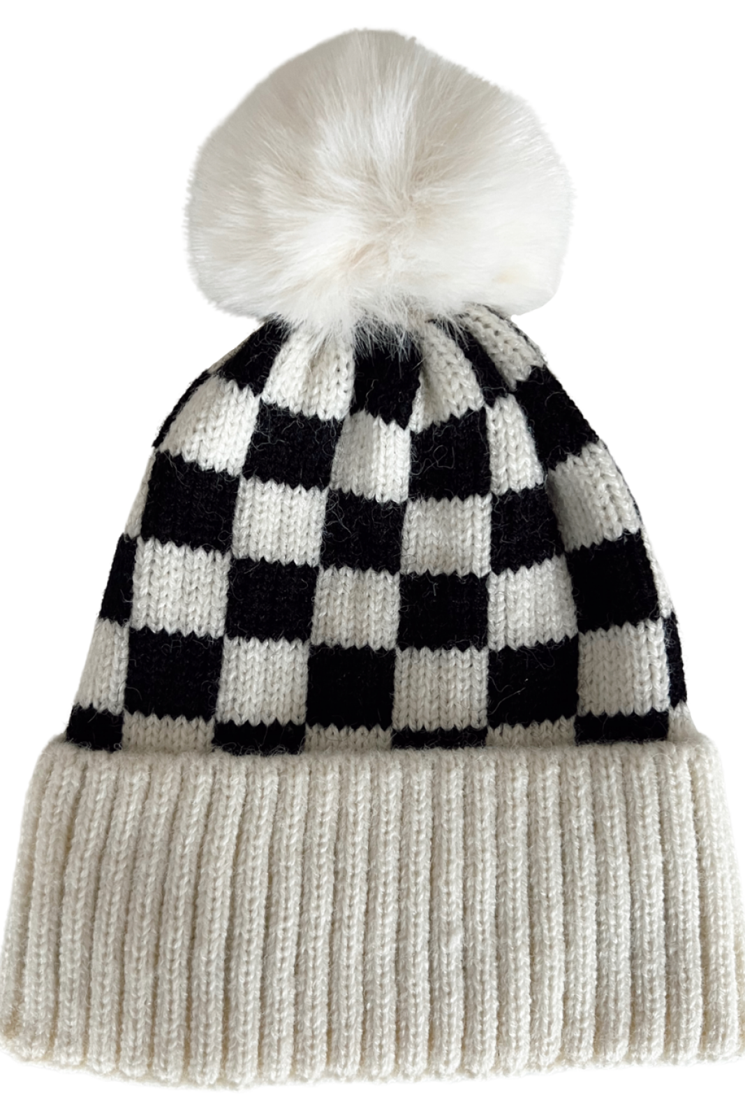 Black and white checkered beanie with a fluffy top pom-pom, featuring a ribbed cream cuff.