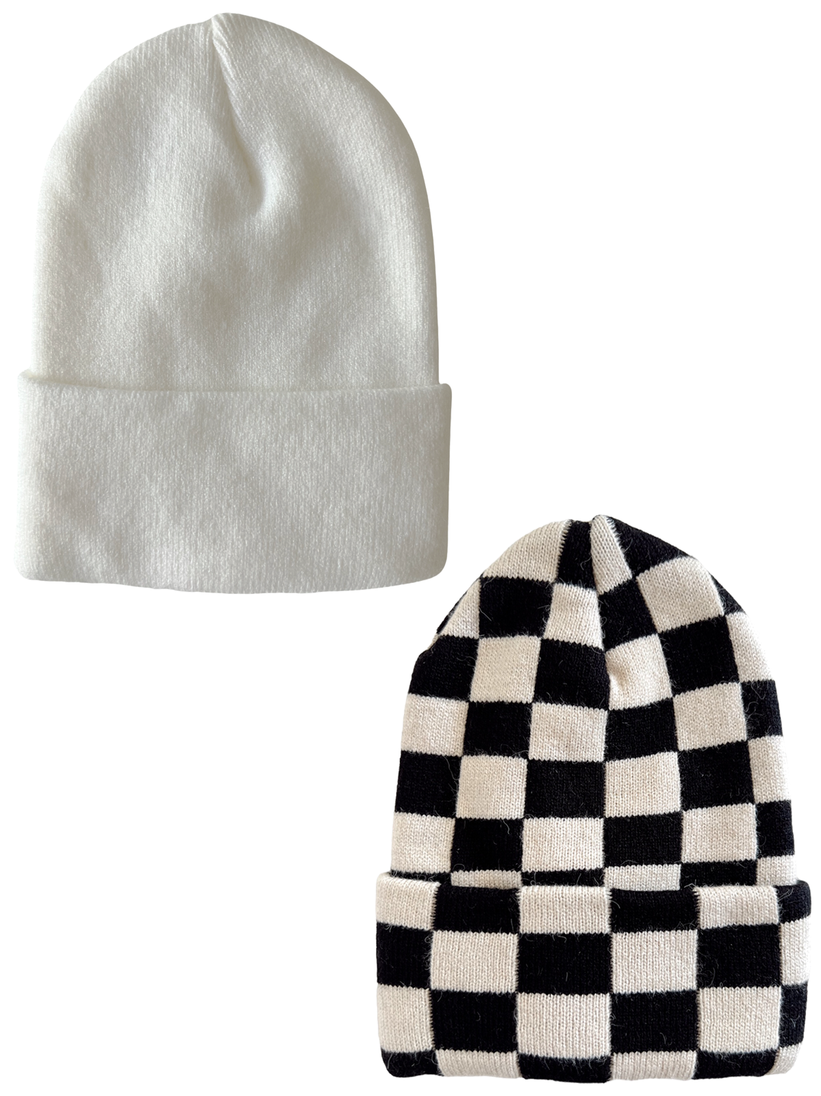 Two beanies: one is solid white, the other features a black and white checkerboard pattern.