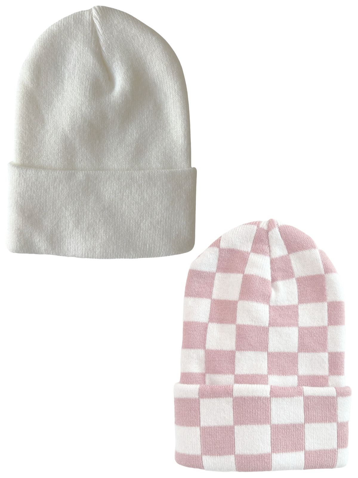 Two knit beanies: a solid white one and a pink checkered one, stacked on a white background.