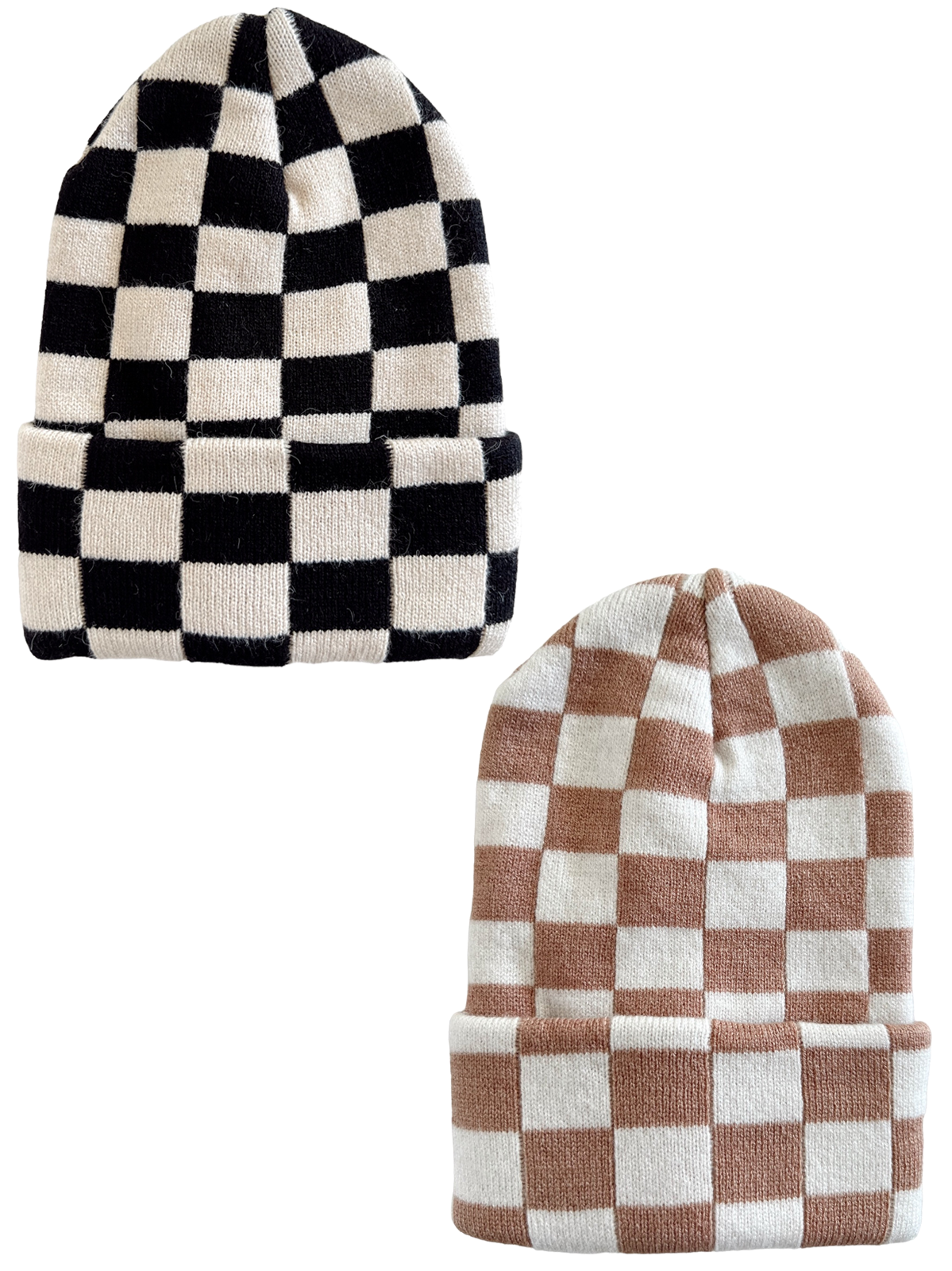 Two patterned beanies: one in black and white check, the other in brown and cream check.