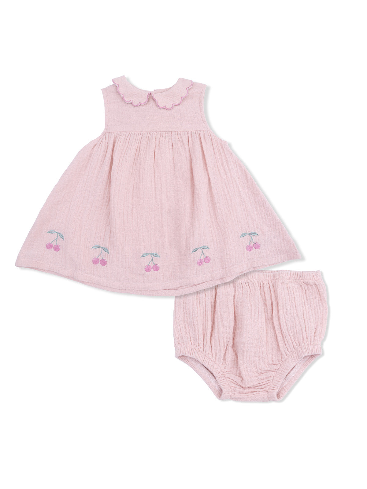 Pink dress with cherry embroidery and matching bloomers, featuring a scalloped collar. Perfect for baby girls.