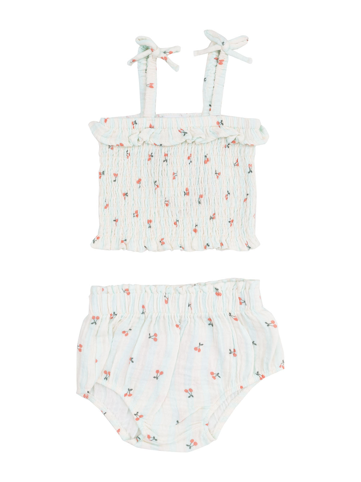 Light blue toddler swimsuit set with floral patterns, featuring a ruffled top and elastic waist shorts.