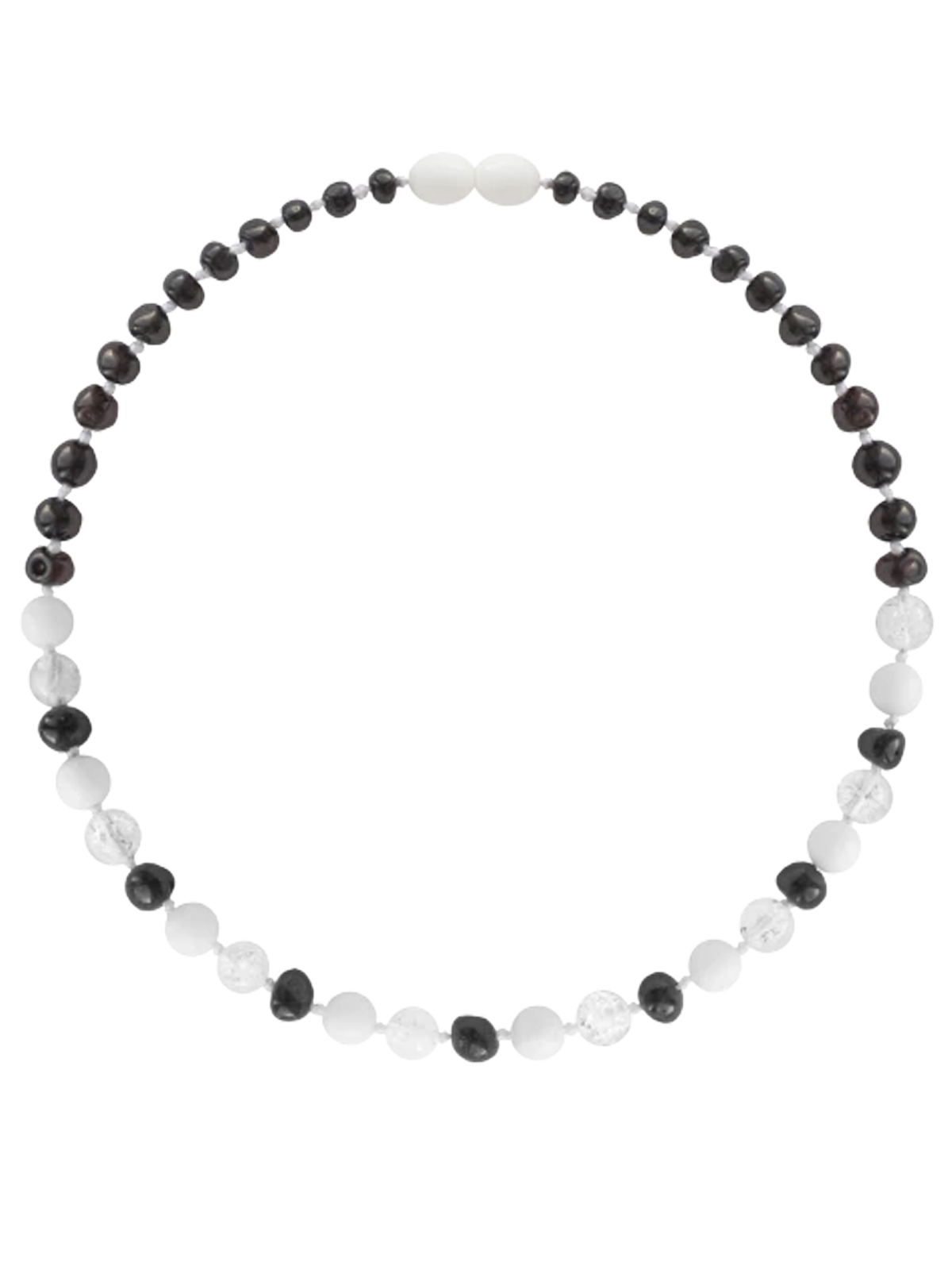Black and white beaded necklace with alternating round and oval beads.