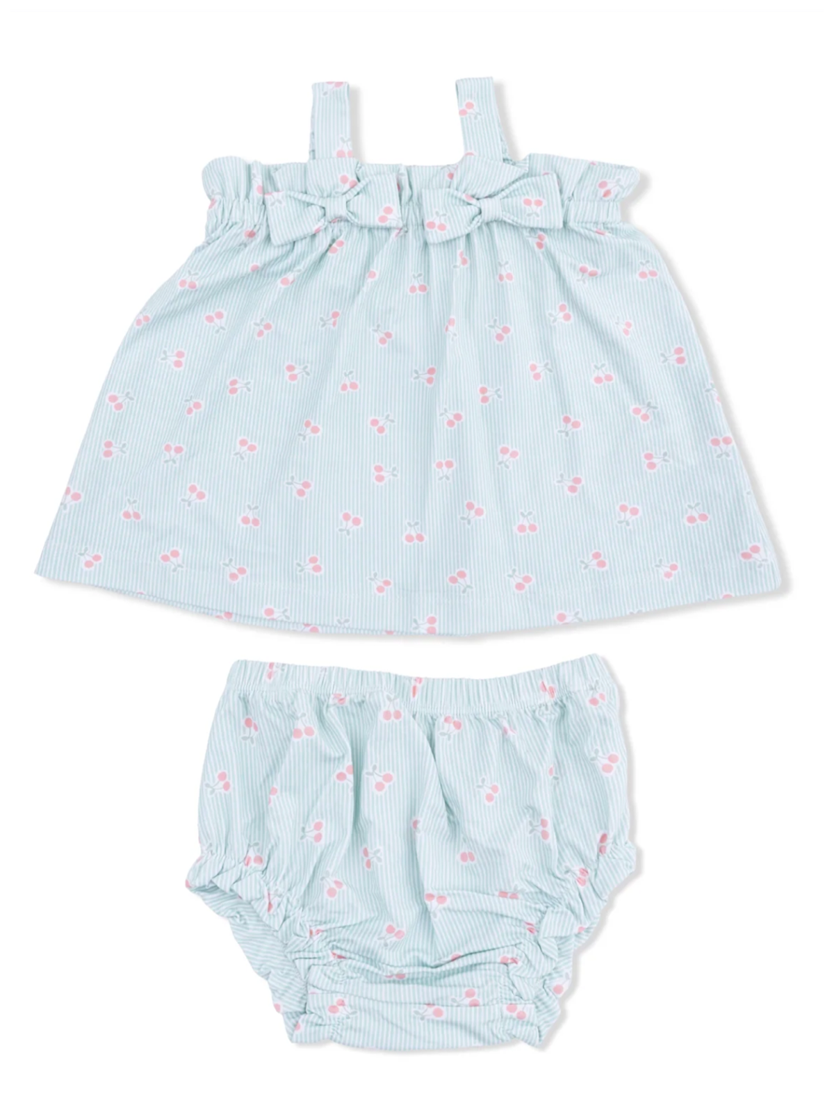 Light blue baby outfit with cherry print, featuring a tank top with straps and matching bottoms.