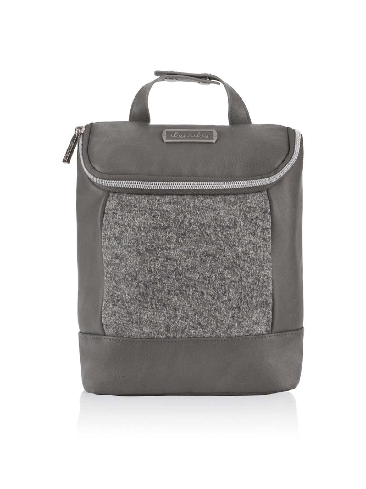 Gray backpack with a textured gray front panel and a top handle, designed for versatility and style.