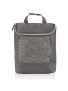 Gray backpack with a textured gray front panel and a top handle, designed for versatility and style.