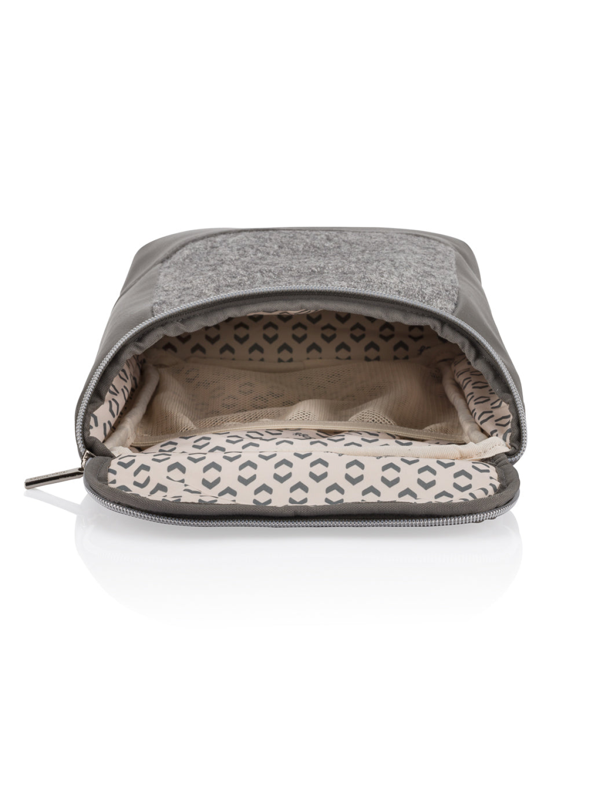 Gray zipper pouch with a leopard-print interior, partially opened to reveal its spacious compartment.