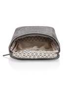 Gray zipper pouch with a leopard-print interior, partially opened to reveal its spacious compartment.