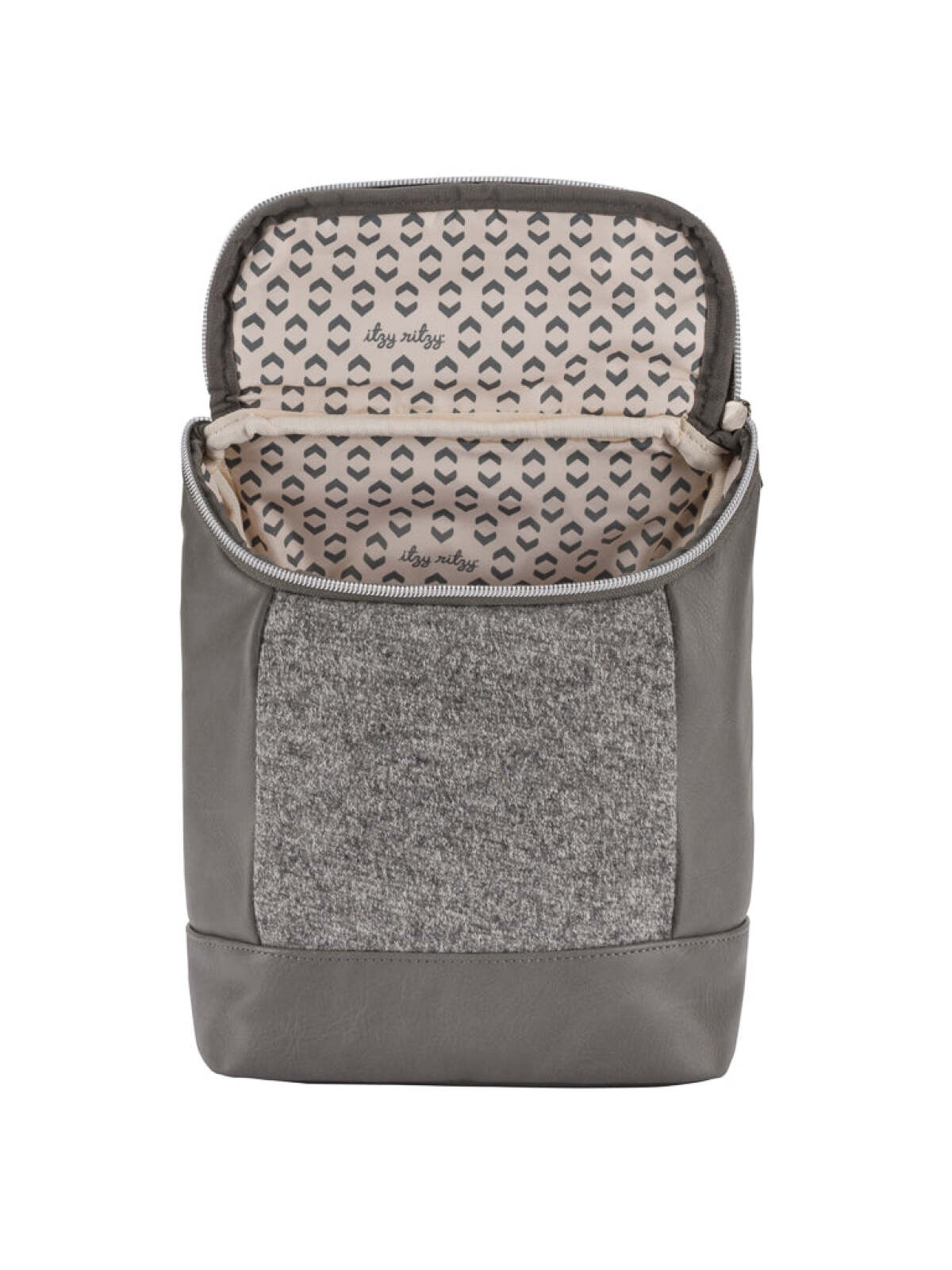 Gray bag with a textured front and patterned interior, unzipped to reveal a spacious compartment.