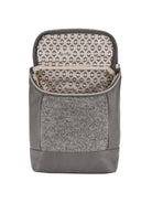 Gray bag with a textured front and patterned interior, unzipped to reveal a spacious compartment.