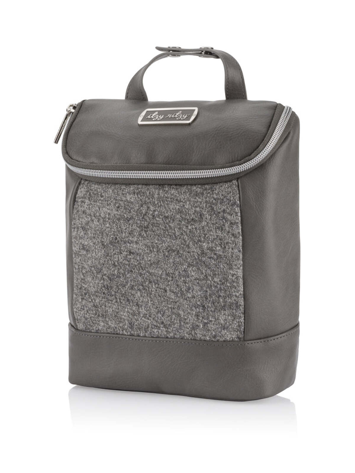 Gray backpack with a zippered closure and textured gray fabric panel on the front.