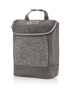 Gray backpack with a textured front pocket and a top handle, featuring a silver zipper and logo.