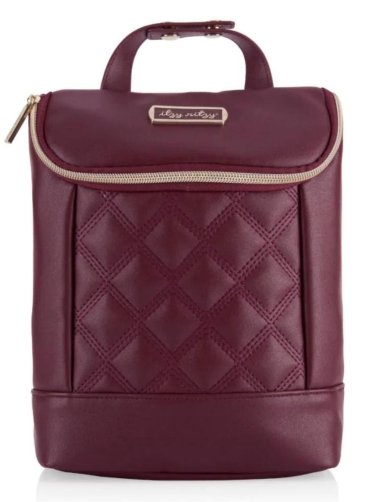 Maroon quilted backpack with a handle and gold zipper, ideal for stylish storage and organization.