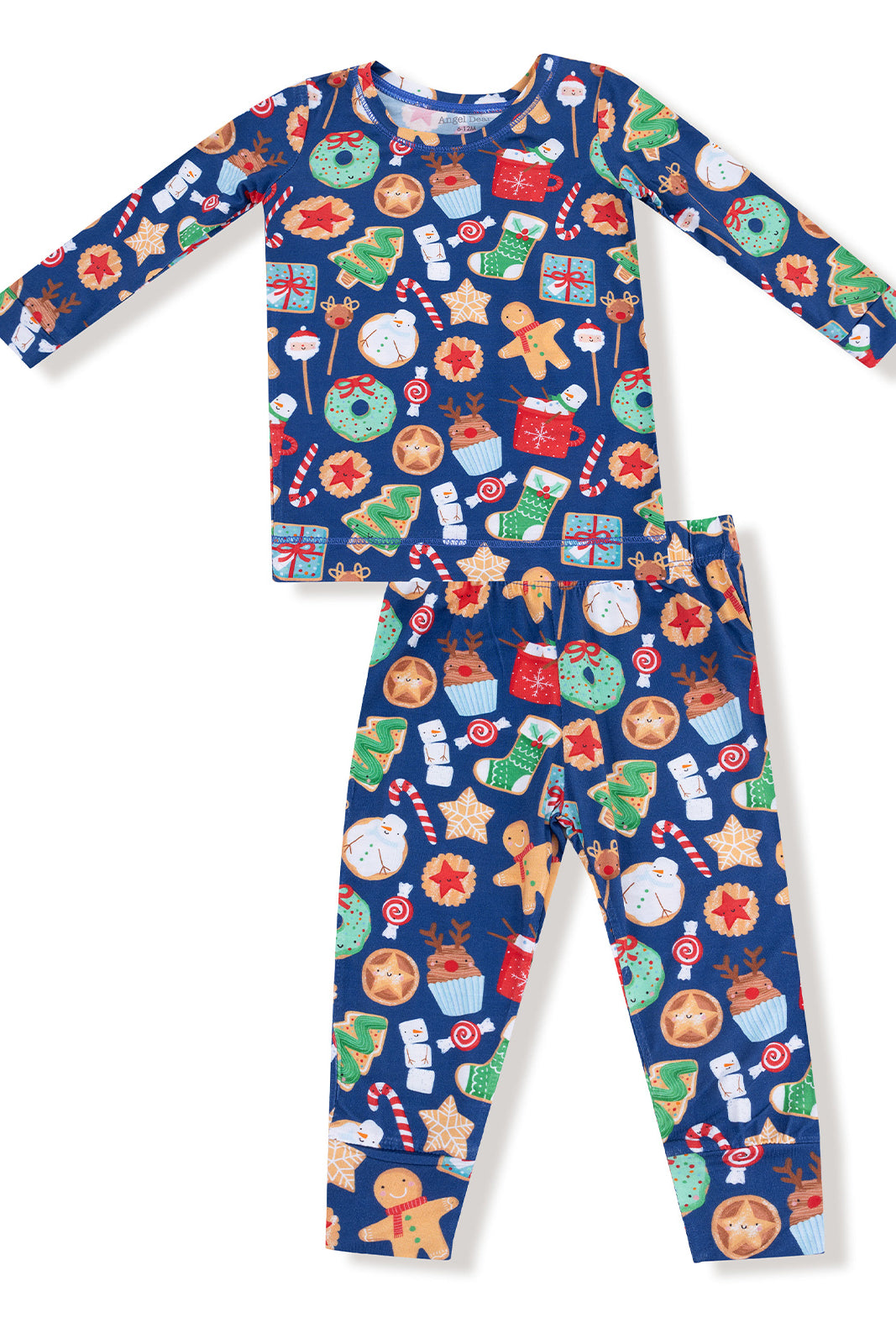 Child's festive pajama set featuring blue fabric adorned with holiday-themed patterns and characters.