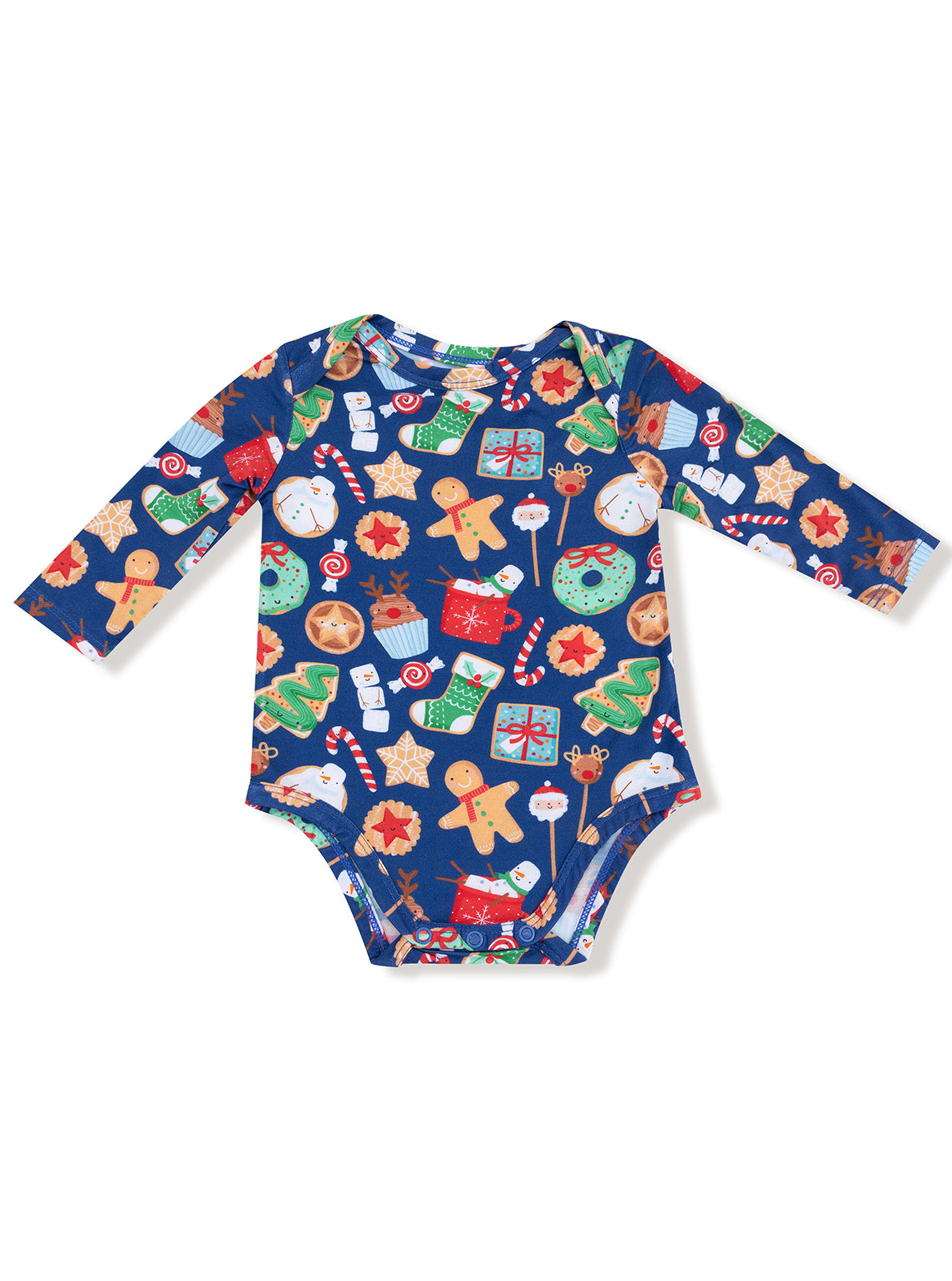 Blue long-sleeve baby onesie with colorful holiday-themed prints like gingerbread, gifts, and candy canes.