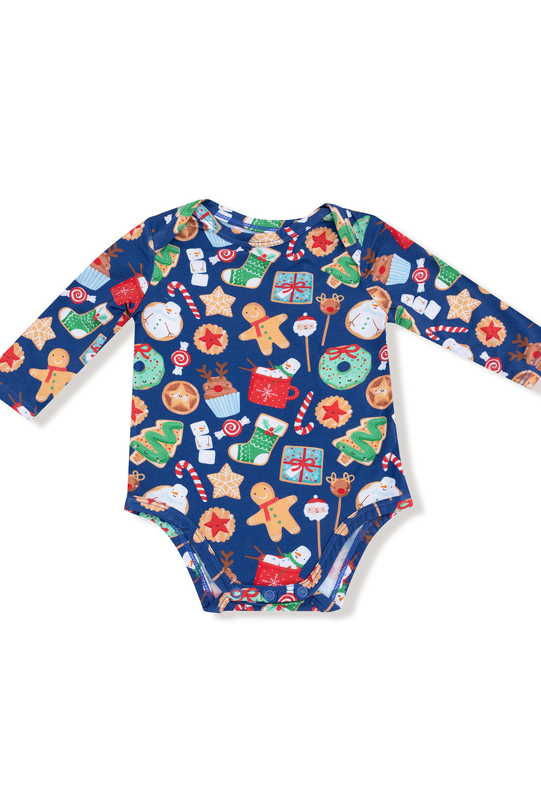 Blue long-sleeve baby onesie with colorful holiday-themed prints like gingerbread, gifts, and candy canes.