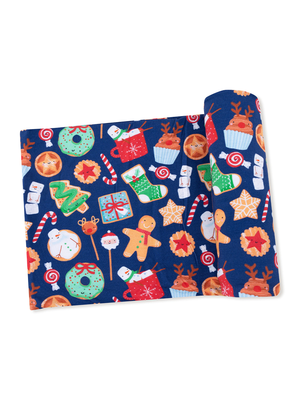 Colorful holiday-themed fabric featuring cookies, candy, and festive decorations on a navy background.