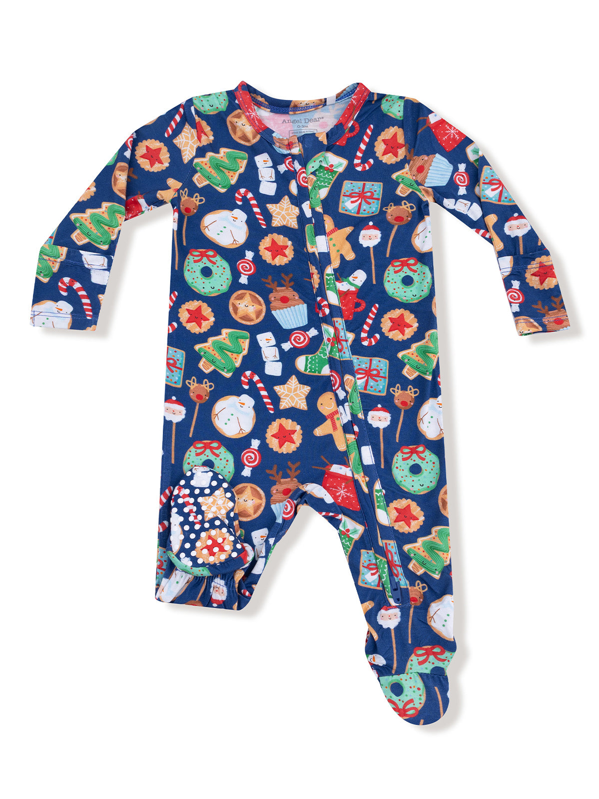Holiday-themed children's onesie featuring festive cookies and decorations on a navy blue background.