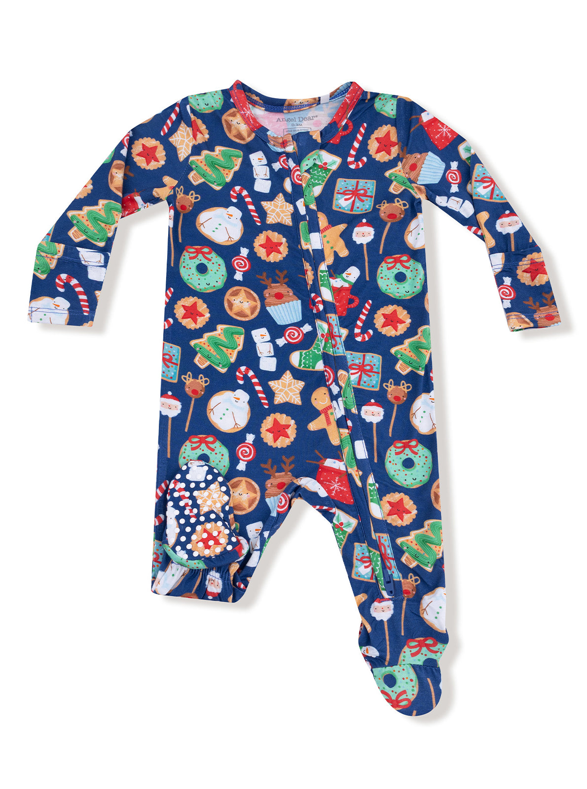 Holiday-themed children's onesie featuring festive cookies and decorations on a navy blue background.
