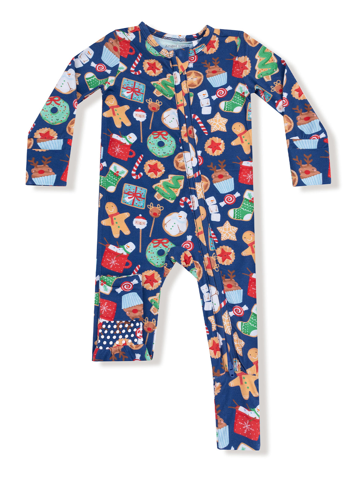 Blue pajama romper with festive holiday patterns, including gingerbread cookies, gifts, and candy canes.