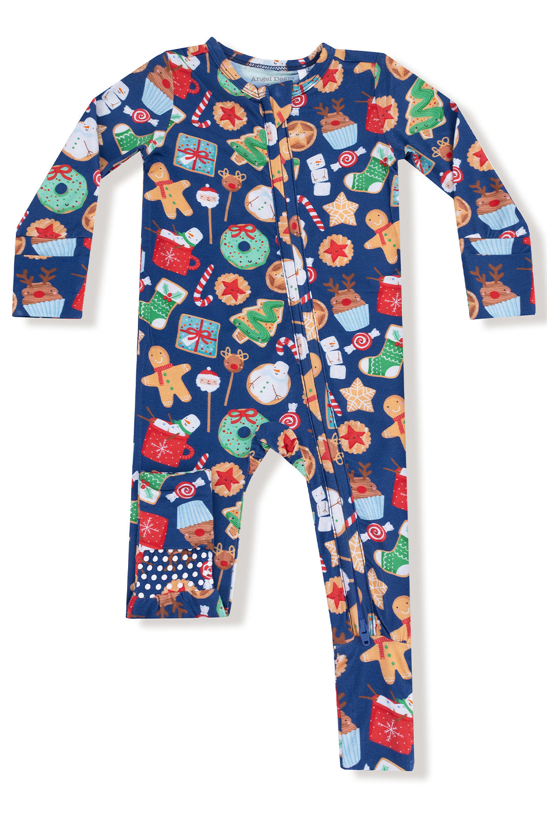 Blue pajama romper with festive holiday patterns, including gingerbread cookies, gifts, and candy canes.