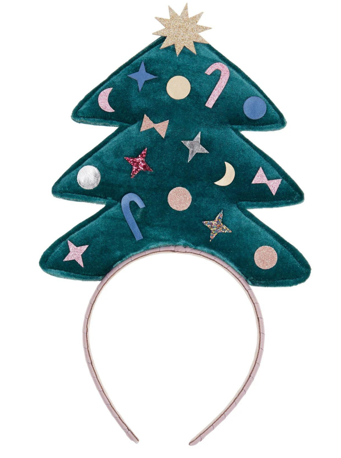 Christmas tree headband with colorful decorations and a star on top, ideal for festive occasions.